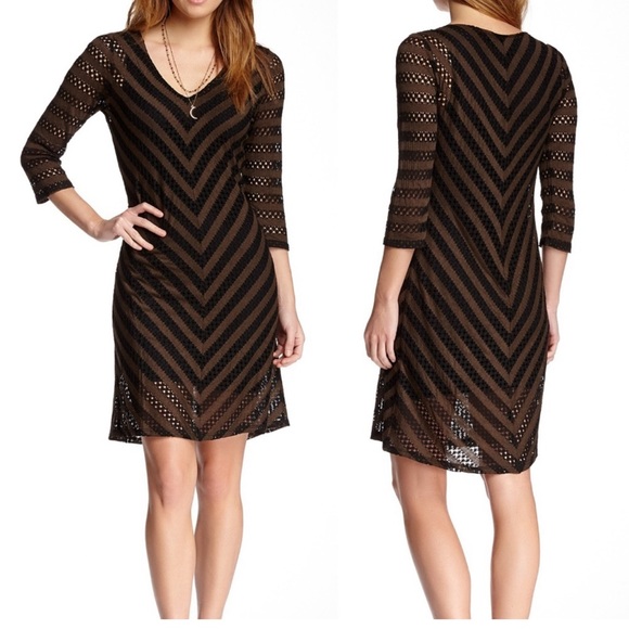 MIRACLEBODY Brown & Black Chevron Slimming Fitted Dress. Medium (8-10. - Picture 1 of 7